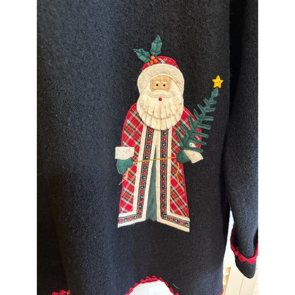 Vtg Sharon Young Black Wool Christmas Cardigan Santa Bear Button Down Hong Kong - Picture 4 of 15